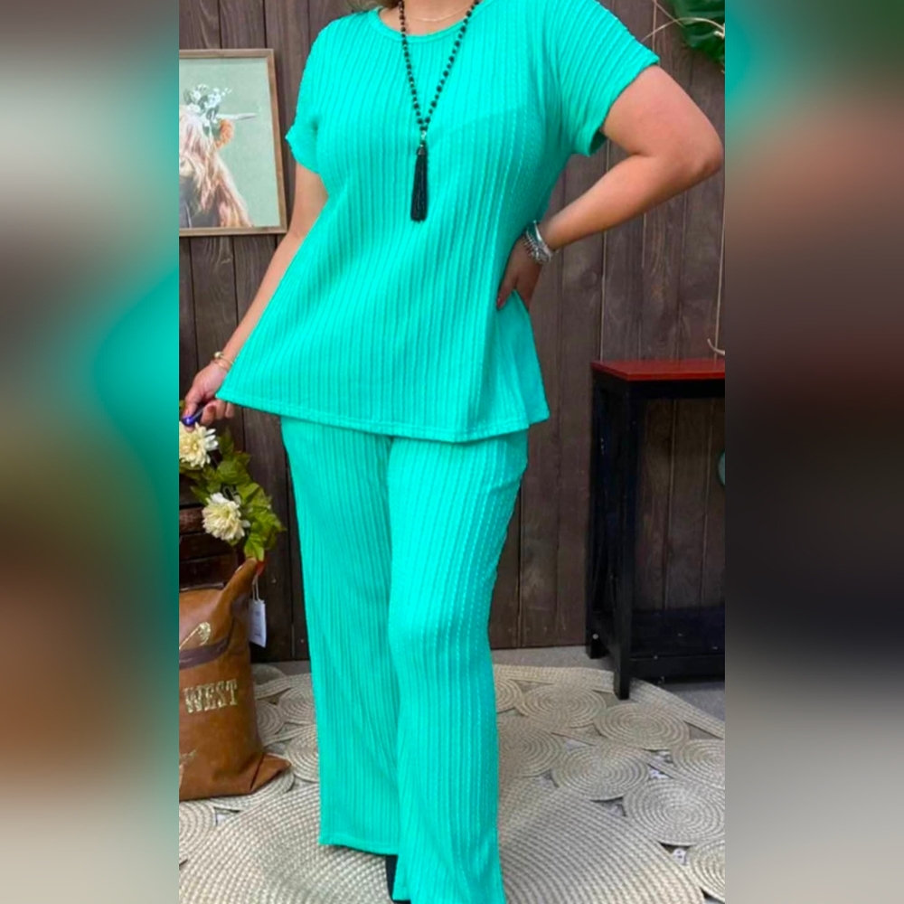 Women's Teal Ribbed Pants & Top Set